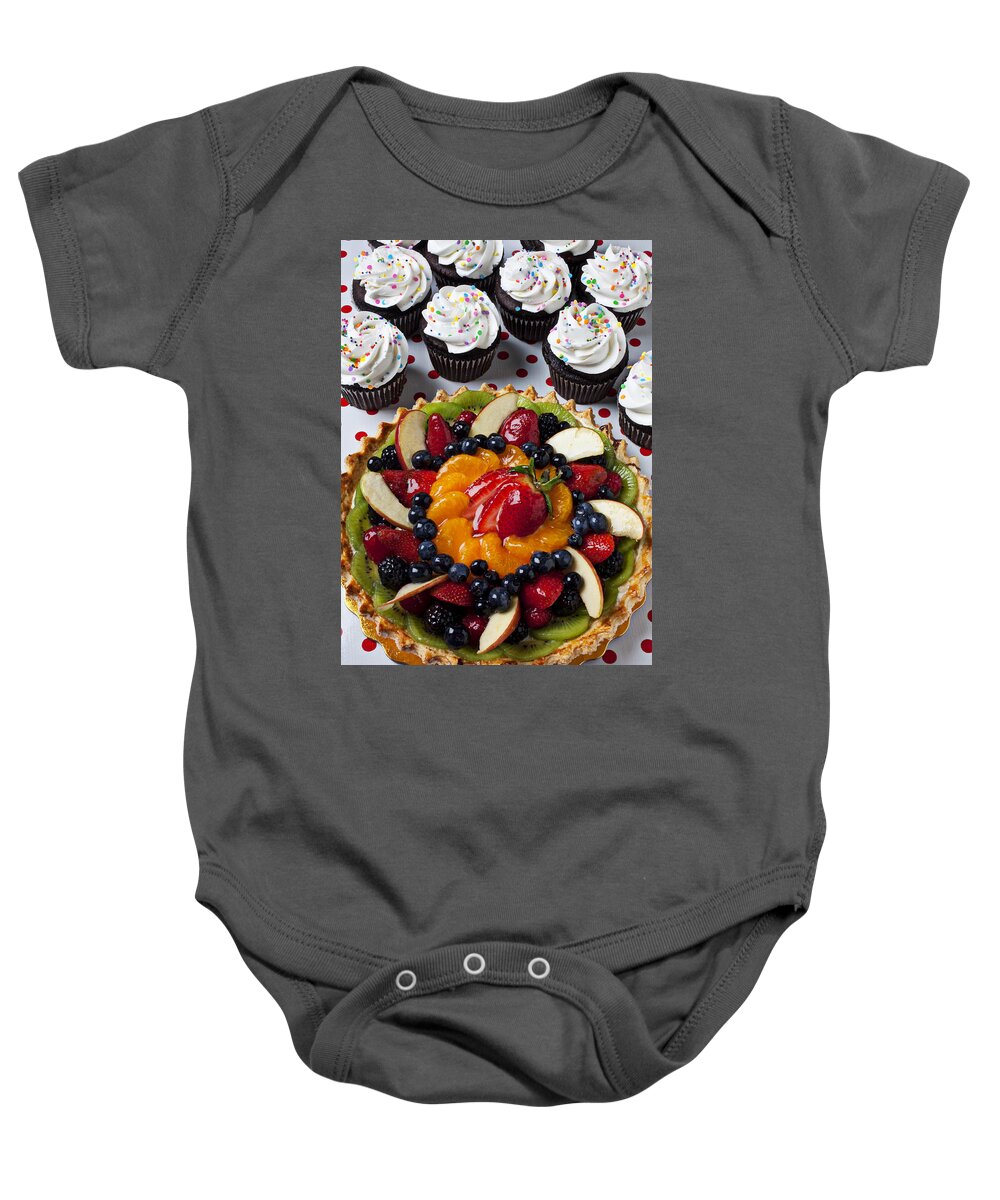 Fruit Tart Pie Pies Baby Onesie featuring the photograph Fruit tart pie and cupcakes by Garry Gay