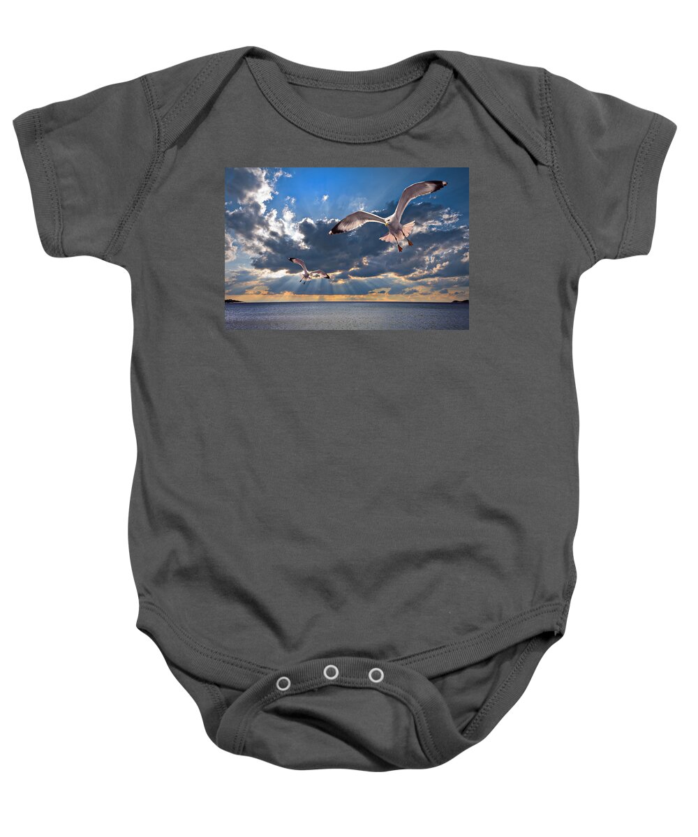 Gull Baby Onesie featuring the photograph Greek Gulls With Sunbeams by Meirion Matthias