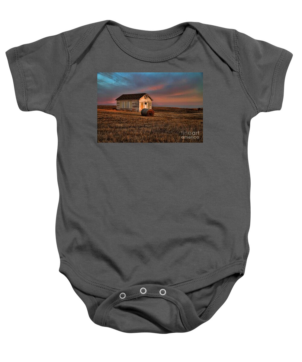 Sunrise Baby Onesie featuring the photograph Old Prairie School at Sunrise by Edward R Wisell