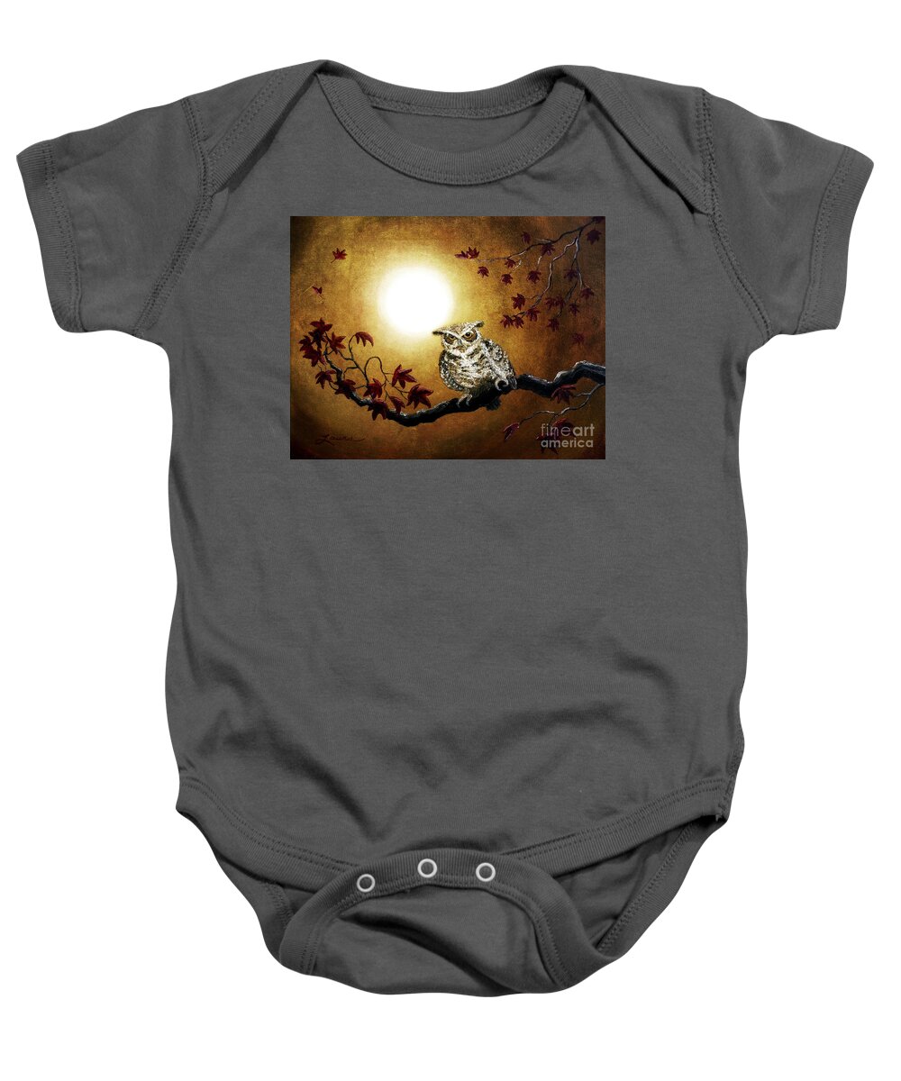 Grunge Baby Onesie featuring the digital art Owl in Maple Leaves by Laura Iverson