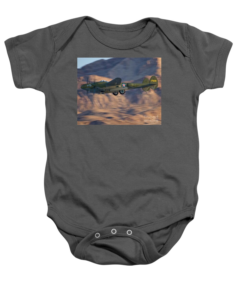 Lockheed Baby Onesie featuring the photograph P-38 Gear Up by Tim Mulina