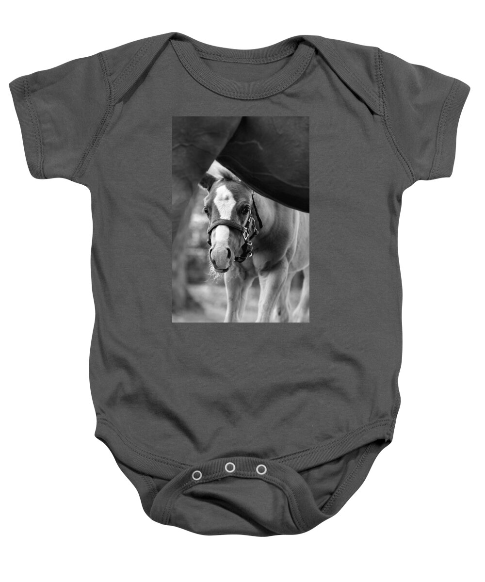 Horse Baby Onesie featuring the photograph Peek'a Boo - Black and White by Angela Rath