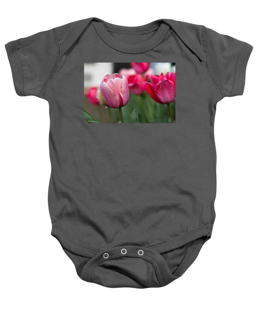 Dew Baby Onesie featuring the photograph Pink Tulips with Water Drops by Lori Coleman