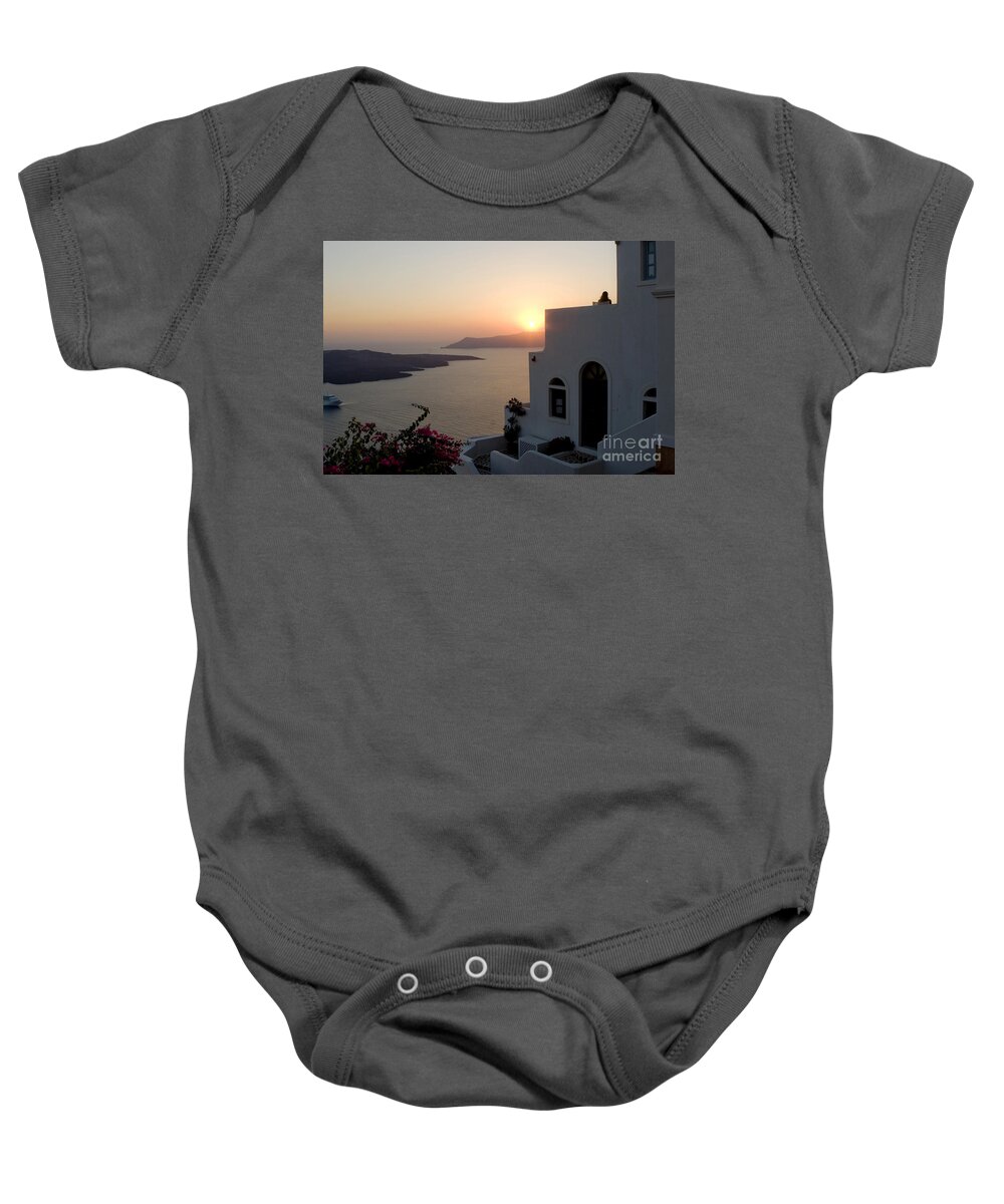 Santorini Baby Onesie featuring the photograph Santorini Sunset by Leslie Leda