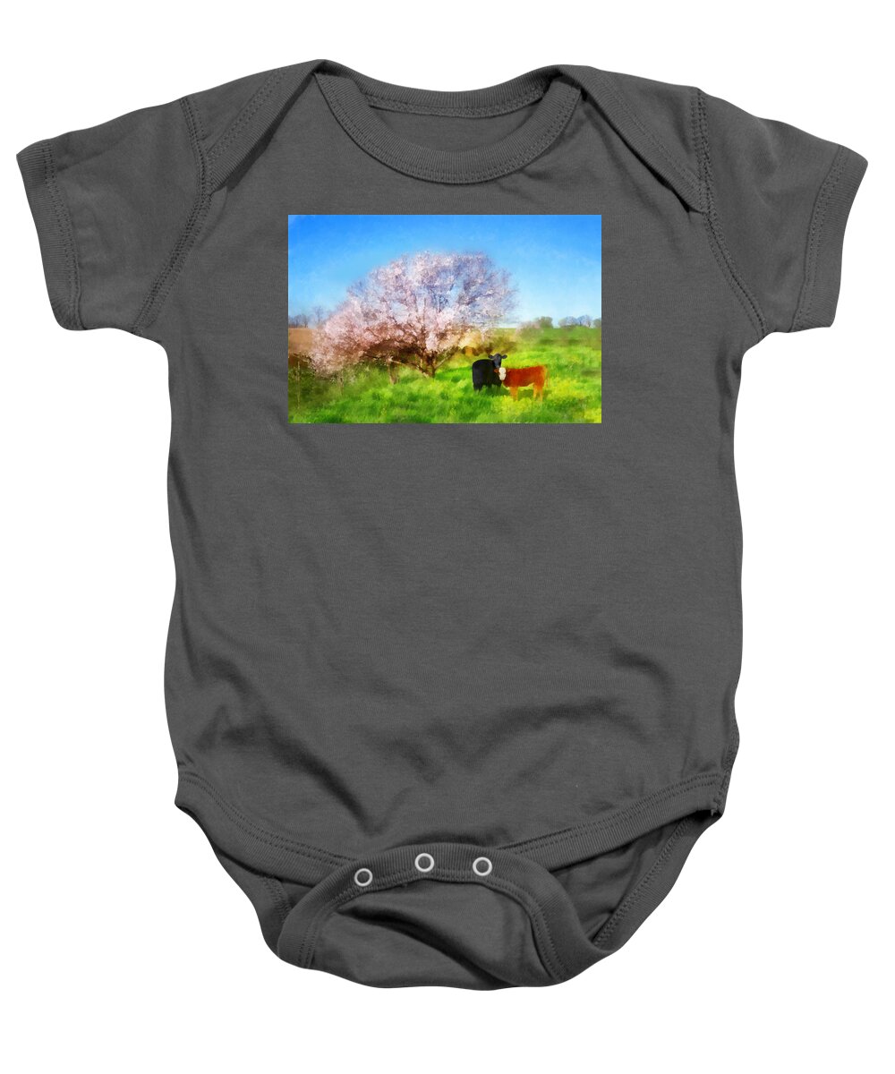 Landscape Baby Onesie featuring the digital art Spring Meadow with Cows by Frances Miller