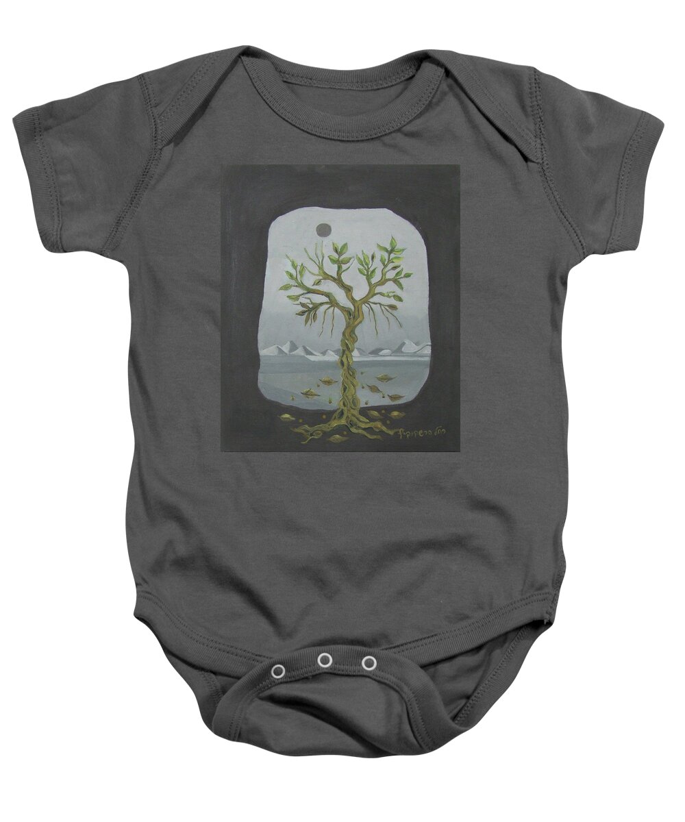 Surreal Baby Onesie featuring the painting Surreal landscape framed with tree falling leaves moon mountain sky  by Rachel Hershkovitz