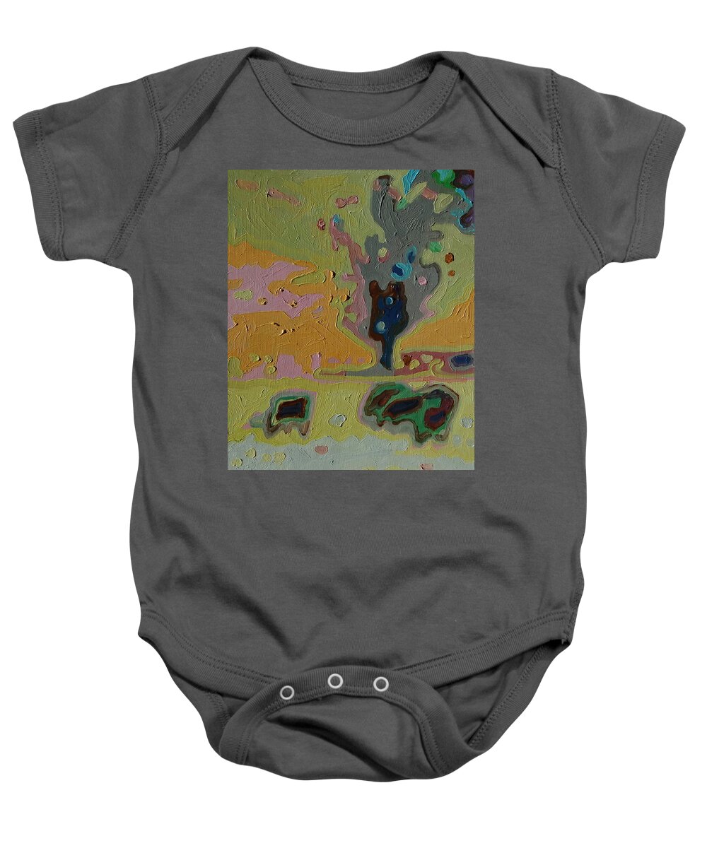 Pastoral Rural Scene With Three Cows And A Tree In Abstract Or Impressionist Style In Muted Colors Baby Onesie featuring the painting Three Cows and a Tree xix by Thomas Bertram POOLE
