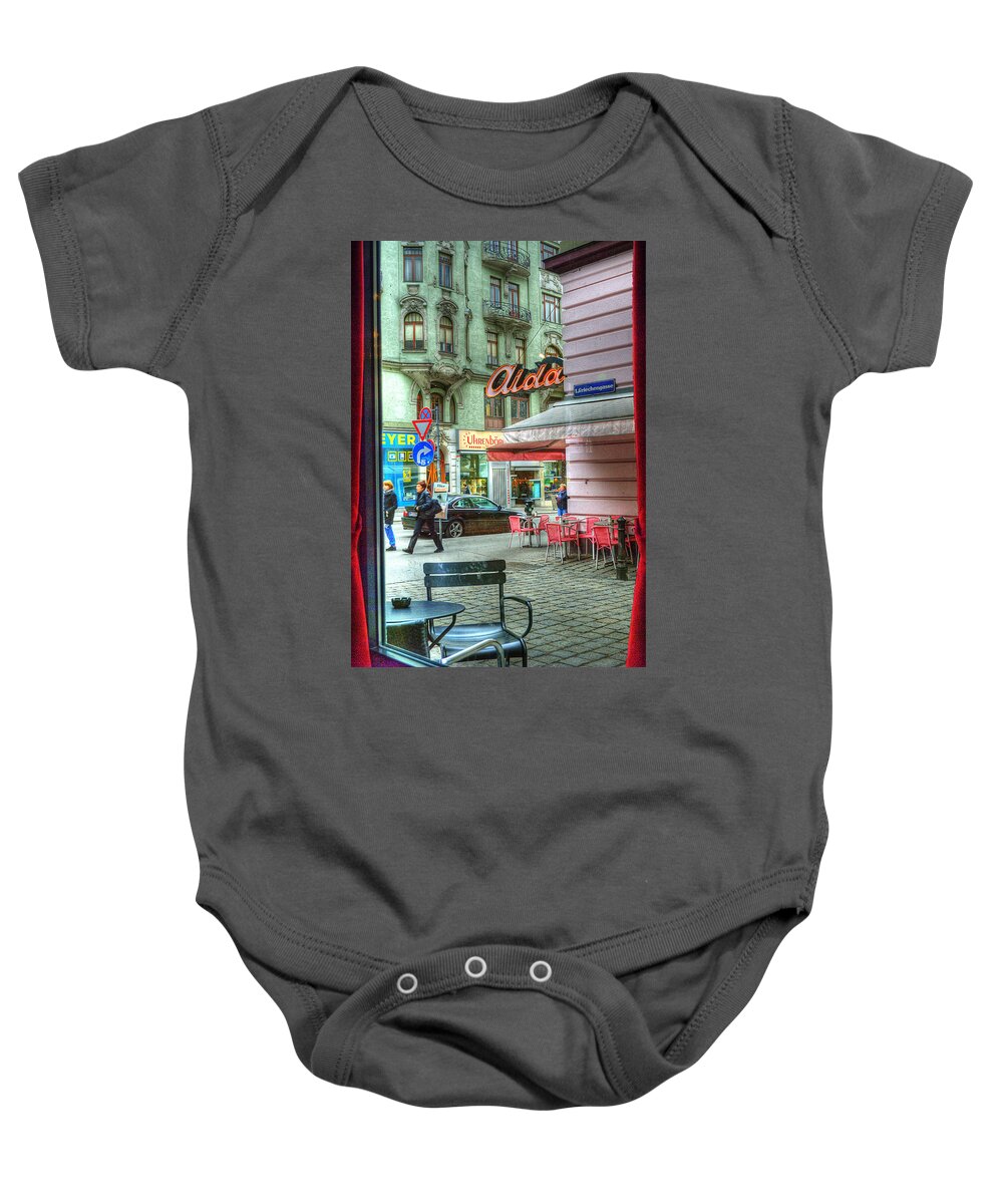 Vienna Baby Onesie featuring the photograph VIENNA View from Coffee Shop Window by Juli Scalzi
