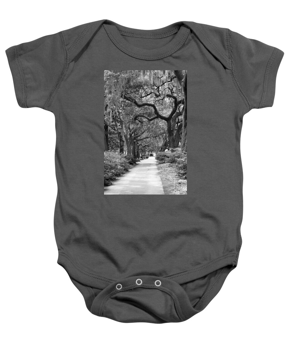 Black And White Baby Onesie featuring the photograph Walking Through the Park in Black and White by Suzanne Gaff