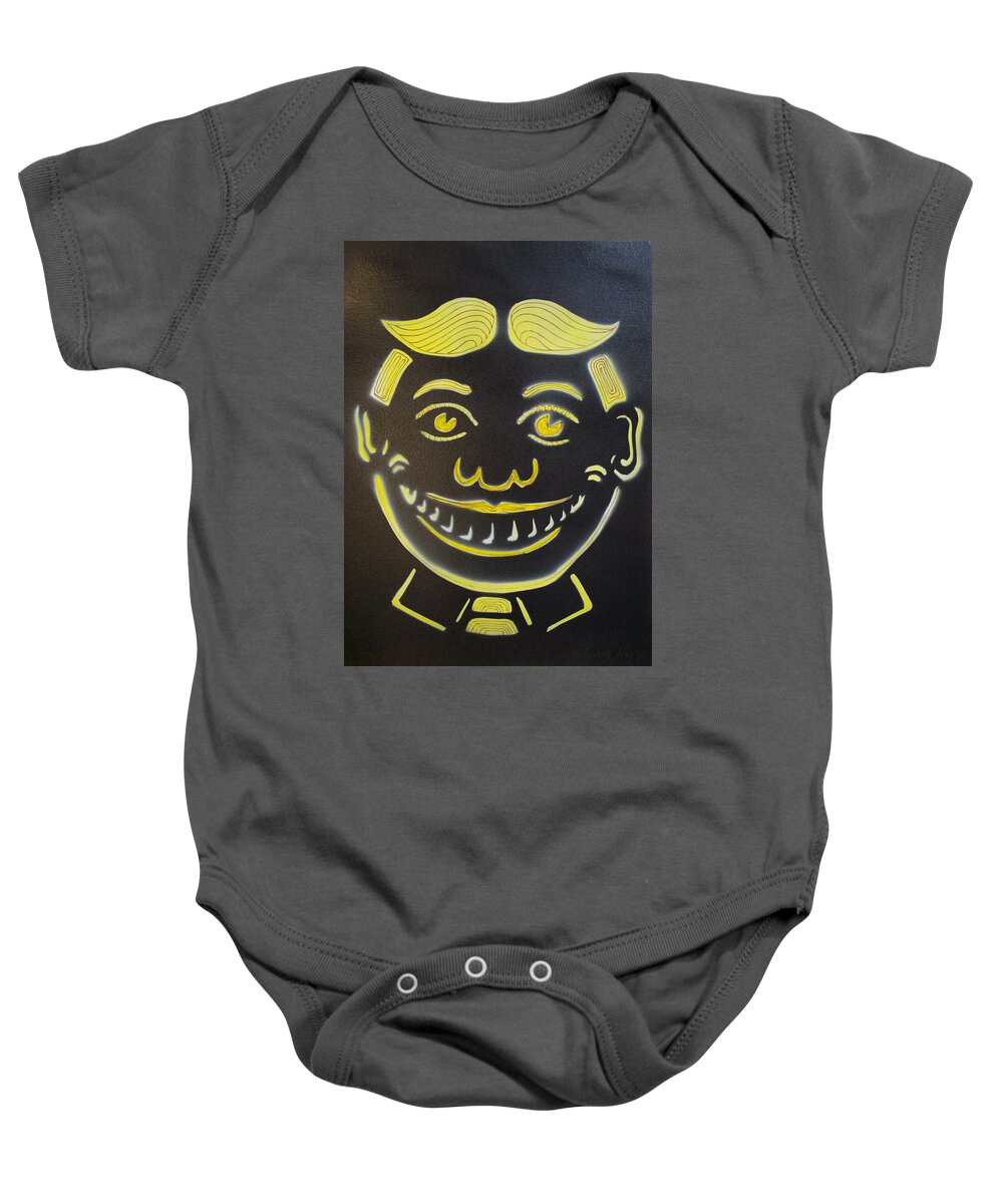 Tillie Of Asbury Park Baby Onesie featuring the painting Yellow on Black Tillie by Patricia Arroyo