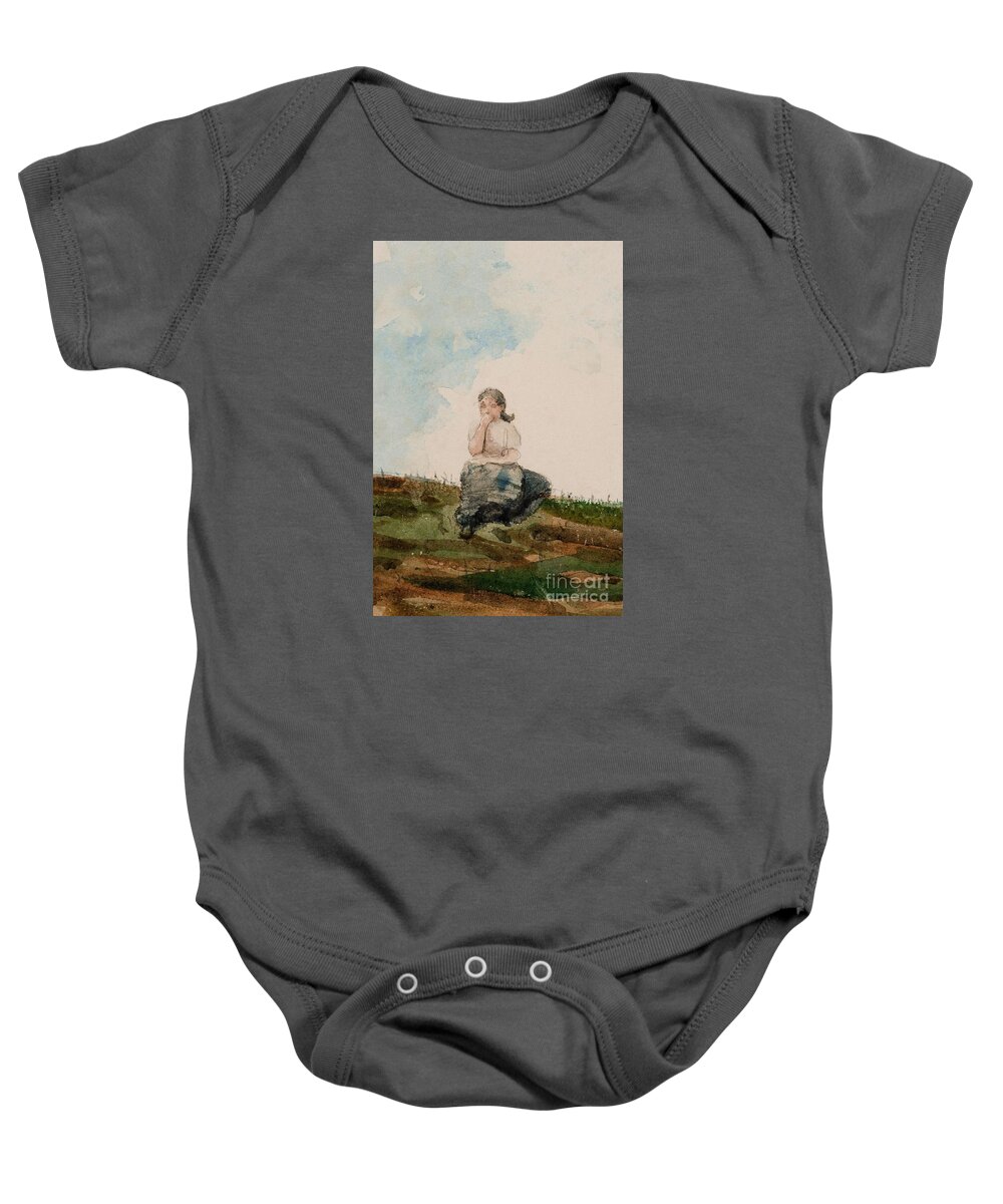 Winslow Homer - Watching From The Cliffs Baby Onesie featuring the painting Watching from the Cliffs by MotionAge Designs