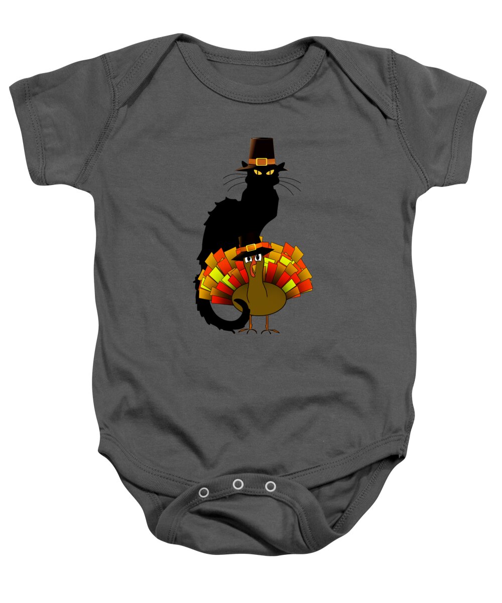 Thanksgiving Baby Onesie featuring the digital art Thanksgiving Le Chat Noir With Turkey Pilgrim by Gravityx9 Designs
