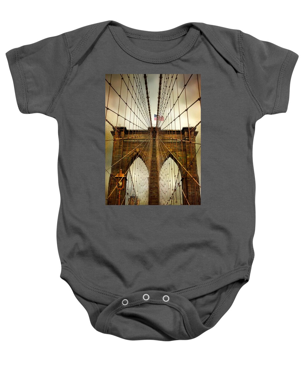 Bridge Baby Onesie featuring the photograph Brooklyn Bridge Twilight by Jessica Jenney