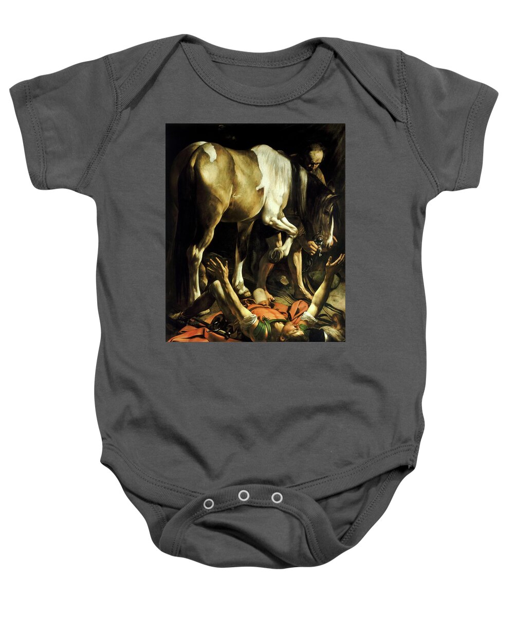 Michelangelo Caravaggio Baby Onesie featuring the painting Conversion On The Way To Damascus by Troy Caperton