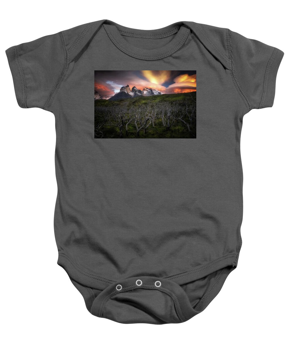 Paine Massif Baby Onesie featuring the photograph Fire in the Sky #1 by Nicki Frates