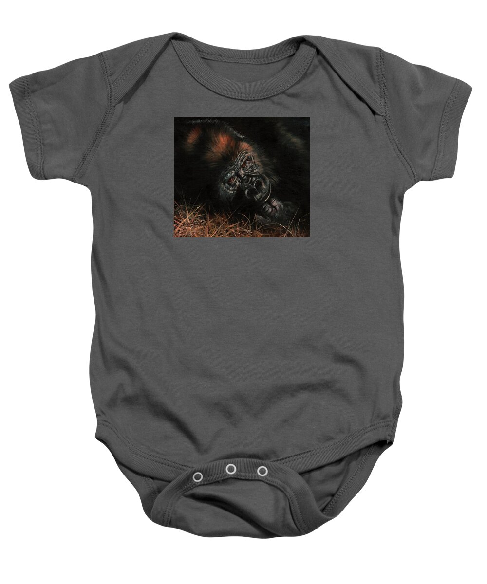 Gorilla Baby Onesie featuring the painting Gorilla #1 by David Stribbling