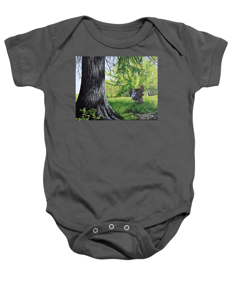 Turkey Baby Onesie featuring the painting Hen Call by Anthony J Padgett