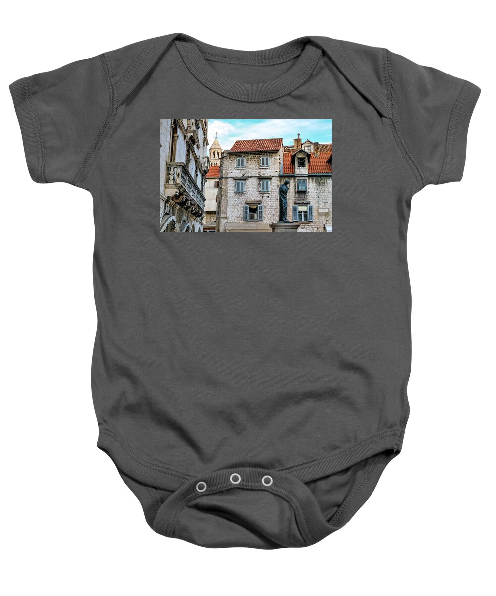 House Baby Onesie featuring the photograph Houses and Cathedral of Saint Domnius, Dujam, Duje, bell tower Old town, Split, Croatia #1 by Elenarts - Elena Duvernay photo