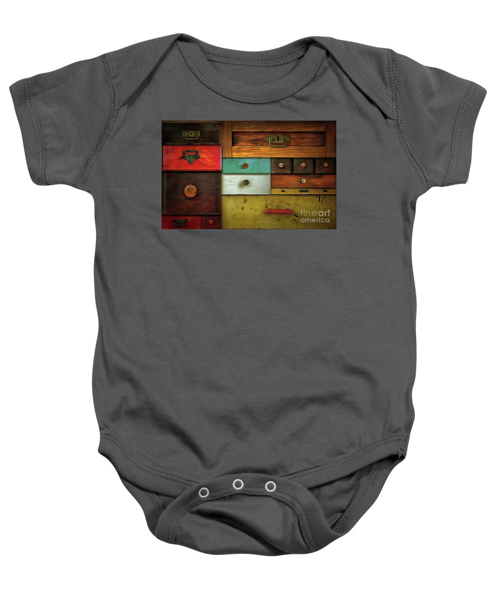 Abstract Baby Onesie featuring the digital art In utter secrecy - various drawers #1 by Michal Boubin