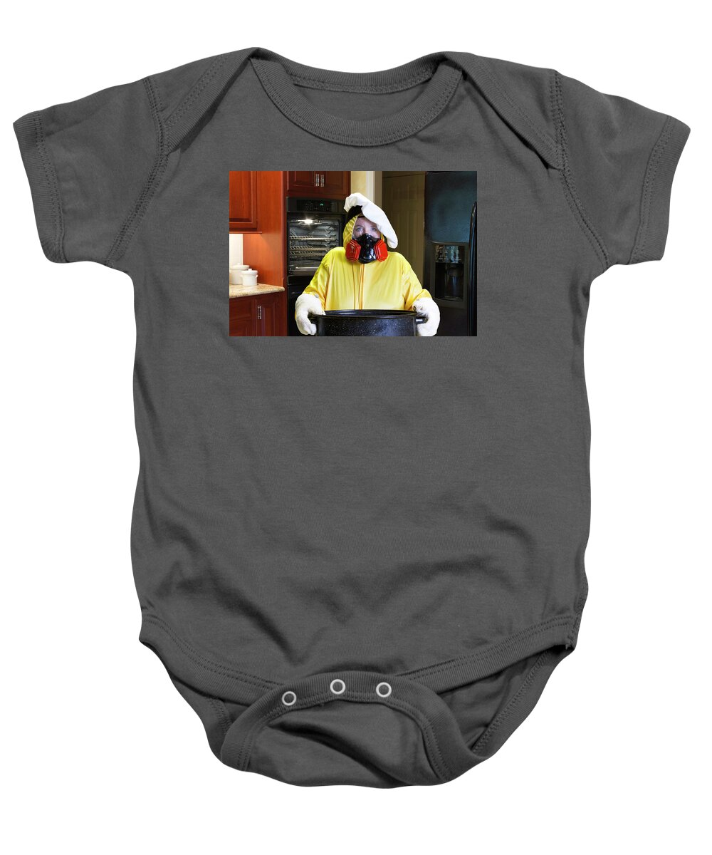 Burning Baby Onesie featuring the photograph Kitchen disaster with HazMat suit #1 by Karen Foley