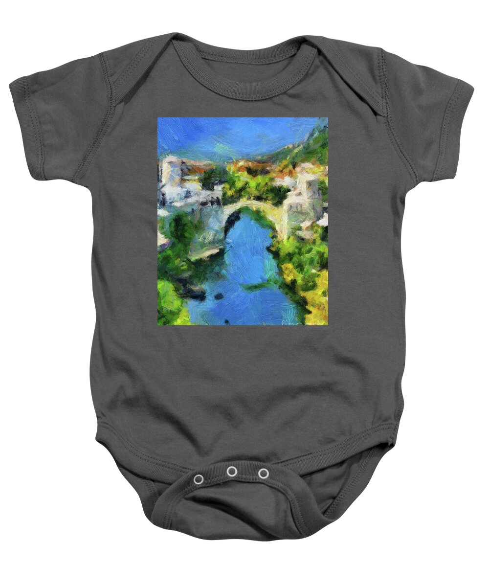 Mostar Baby Onesie featuring the painting Mostar Old Bridge #1 by Dragica Micki Fortuna