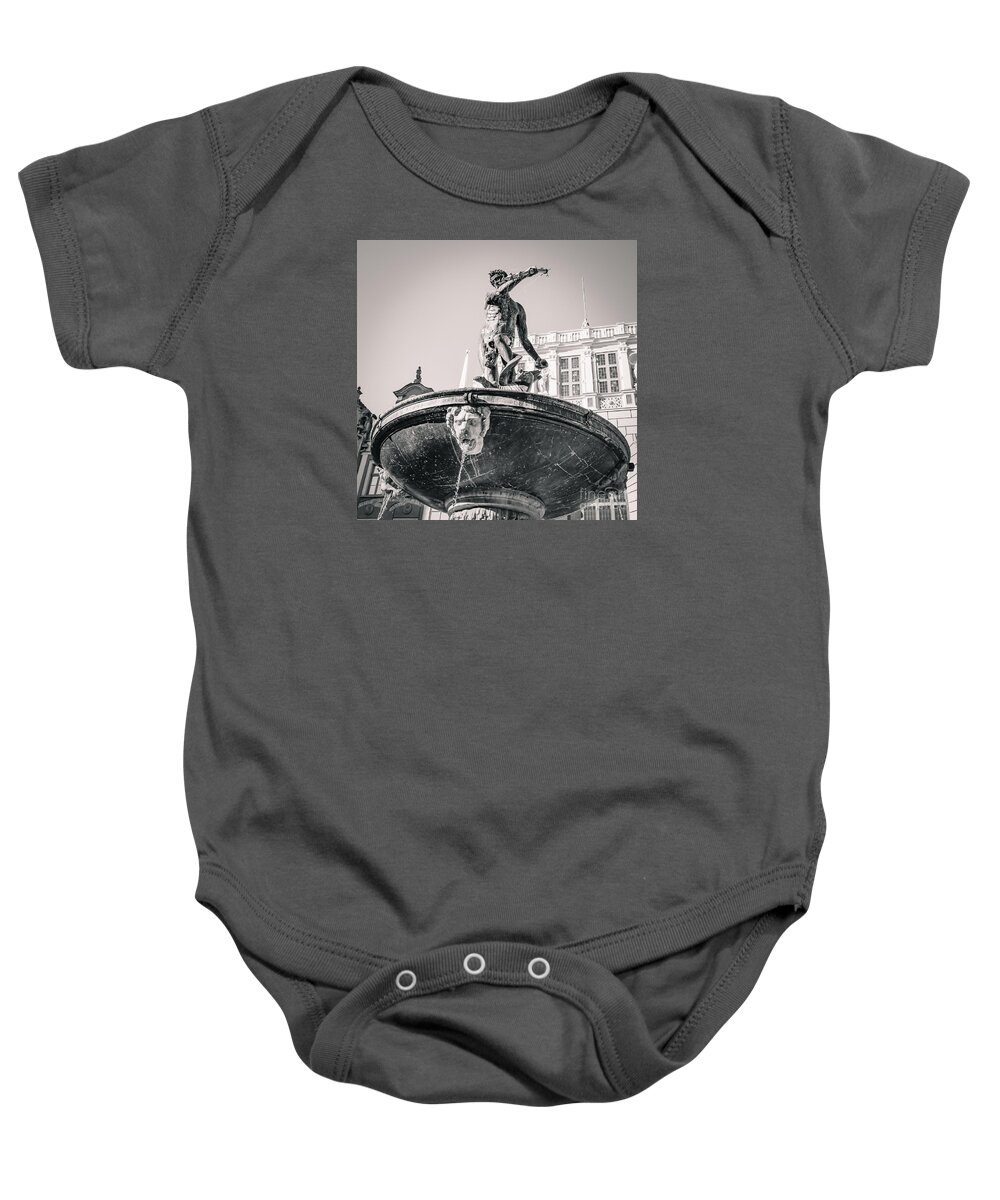 City Baby Onesie featuring the photograph Neptune's fountain, Gdansk BW #1 by Mariusz Talarek