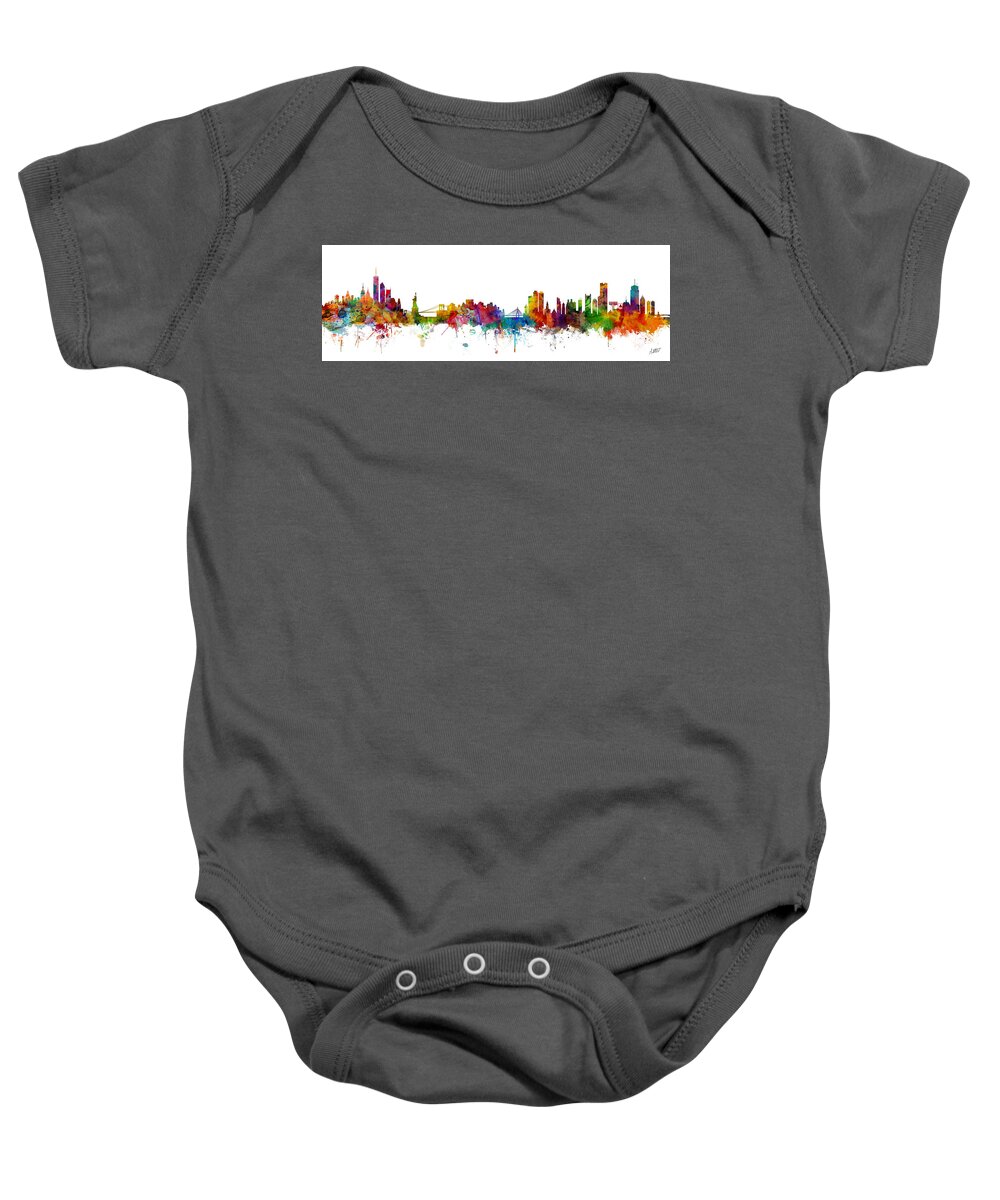 Boston Baby Onesie featuring the digital art New York And Boston Skyline Mashup #1 by Michael Tompsett