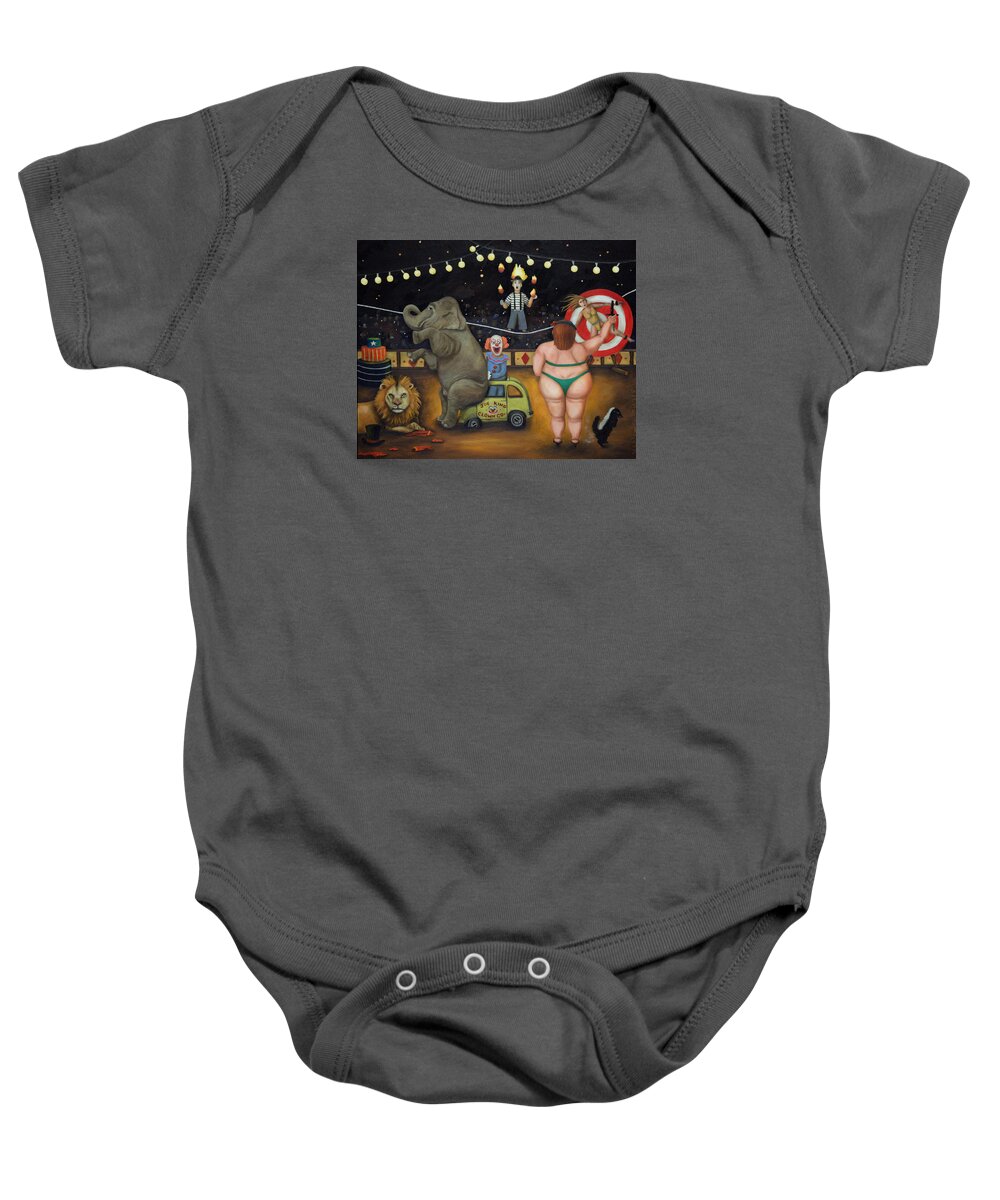 Circus Baby Onesie featuring the painting Nightmare Circus #1 by Leah Saulnier The Painting Maniac