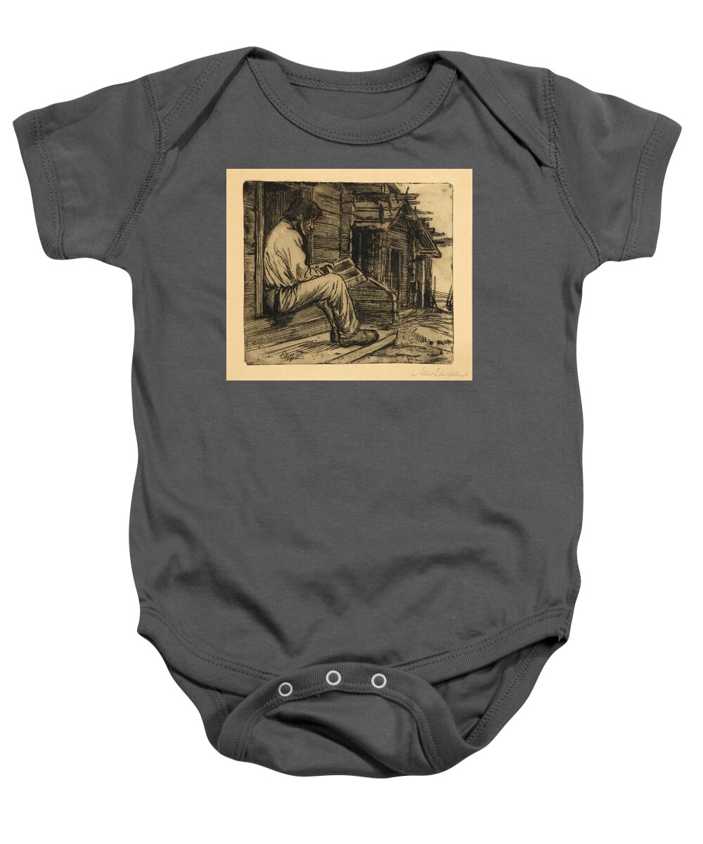 Albert Edelfelt Finnish Peasant Reading The Bible Baby Onesie featuring the painting Peasant reading the Bible #1 by MotionAge Designs