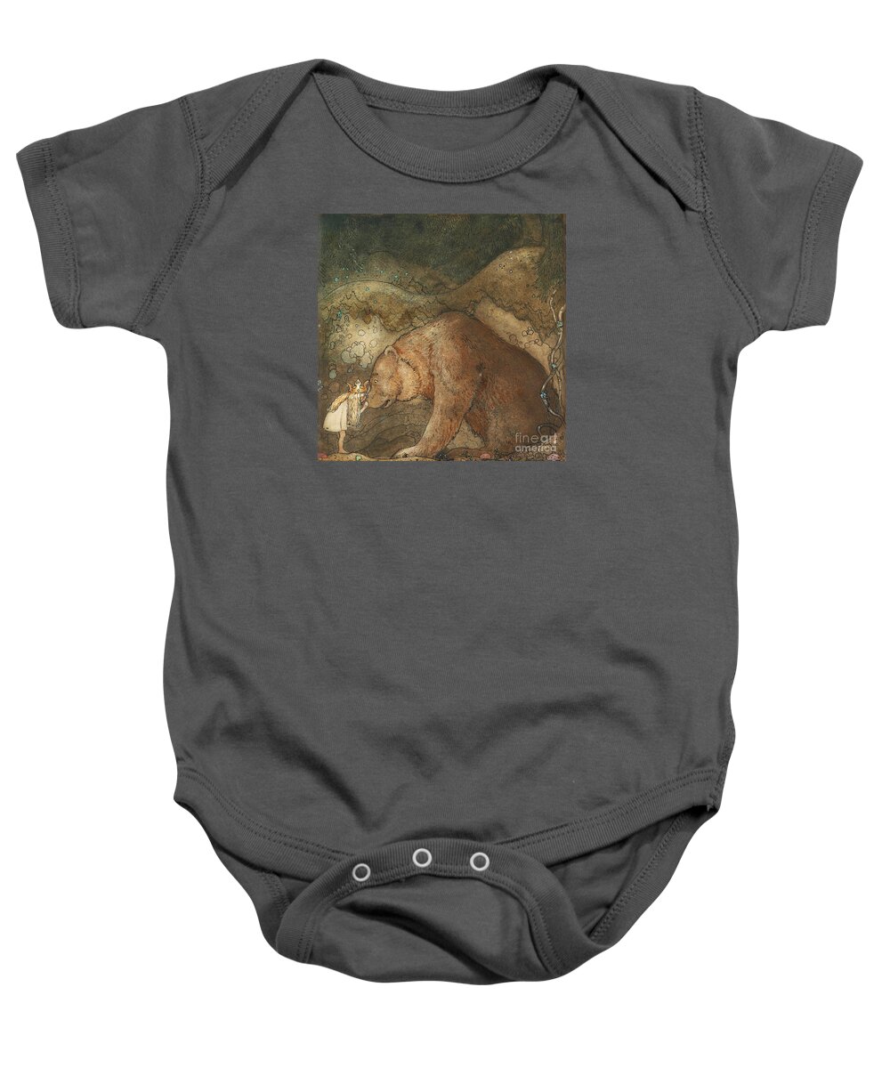 John Bauer Baby Onesie featuring the painting Poor Little Bear #3 by Celestial Images