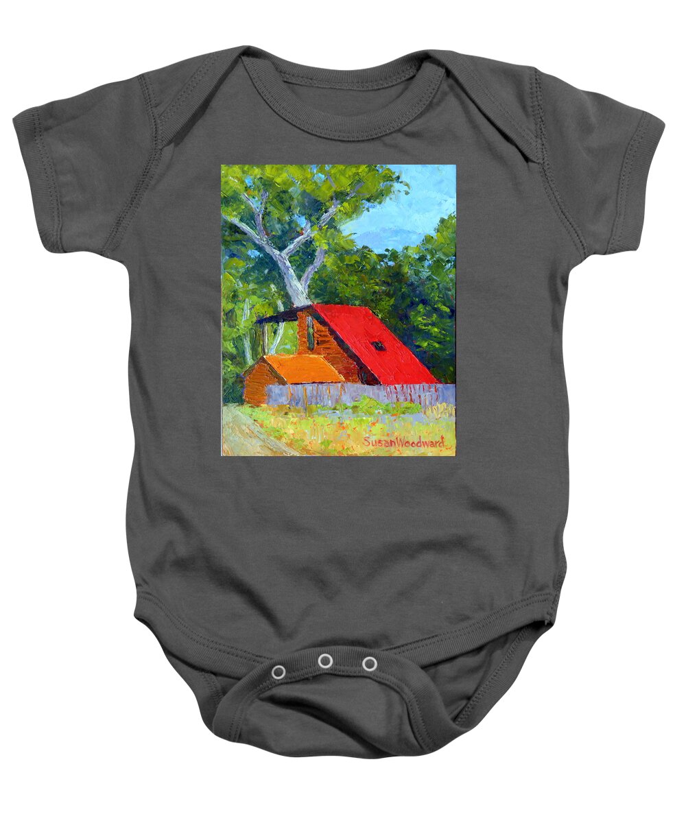 Landscape Baby Onesie featuring the painting Red Roof by Susan Woodward