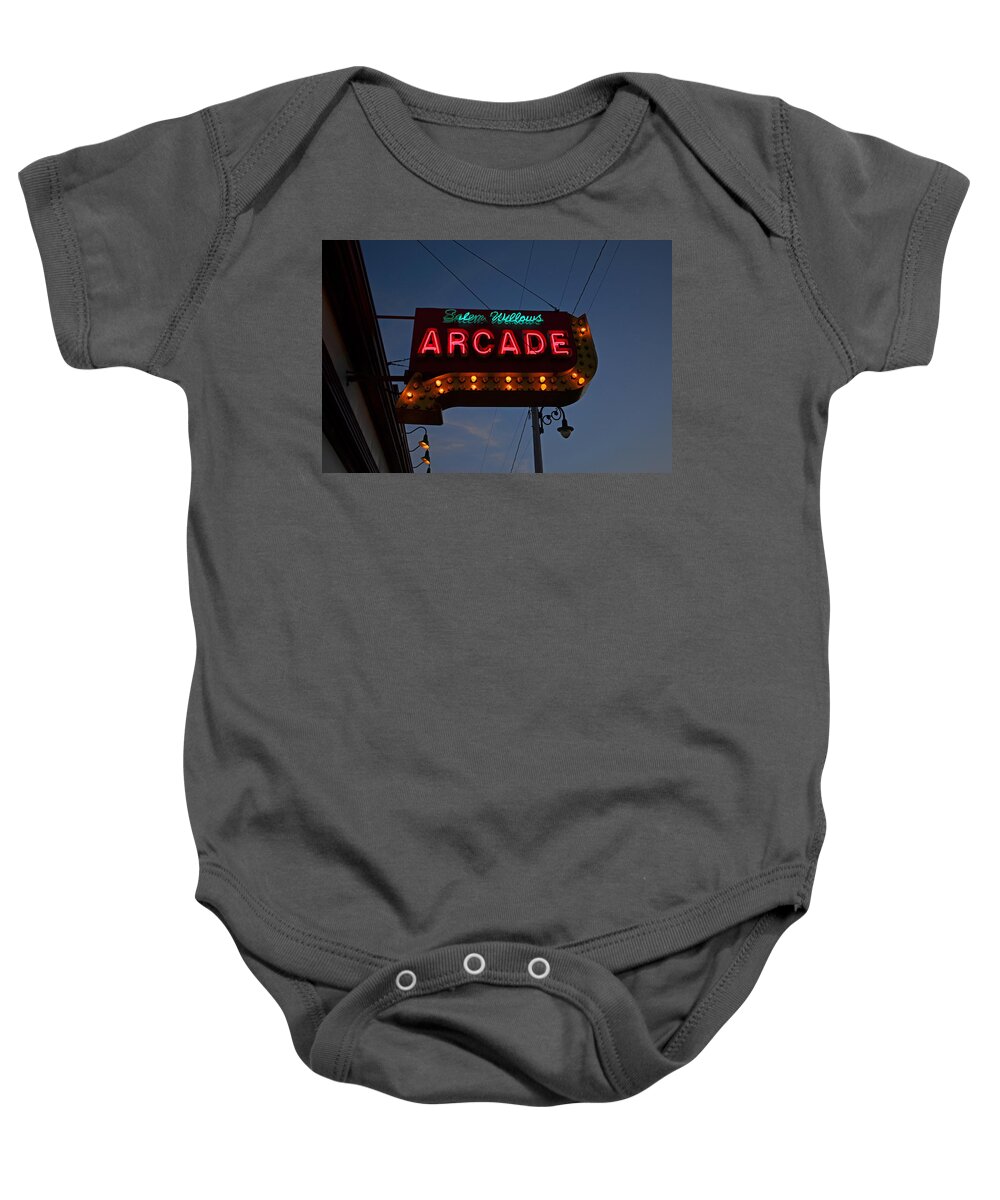 Salem Baby Onesie featuring the photograph Salem Willows Arcade Sign #2 by Toby McGuire