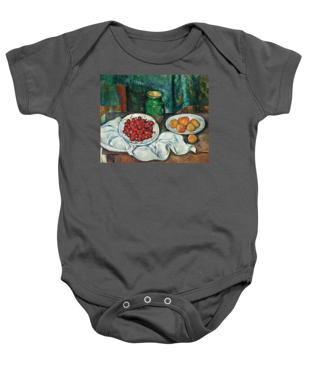 Cezanne Baby Onesie featuring the painting Still Life with Cherries and Peaches #1 by Paul Cezanne