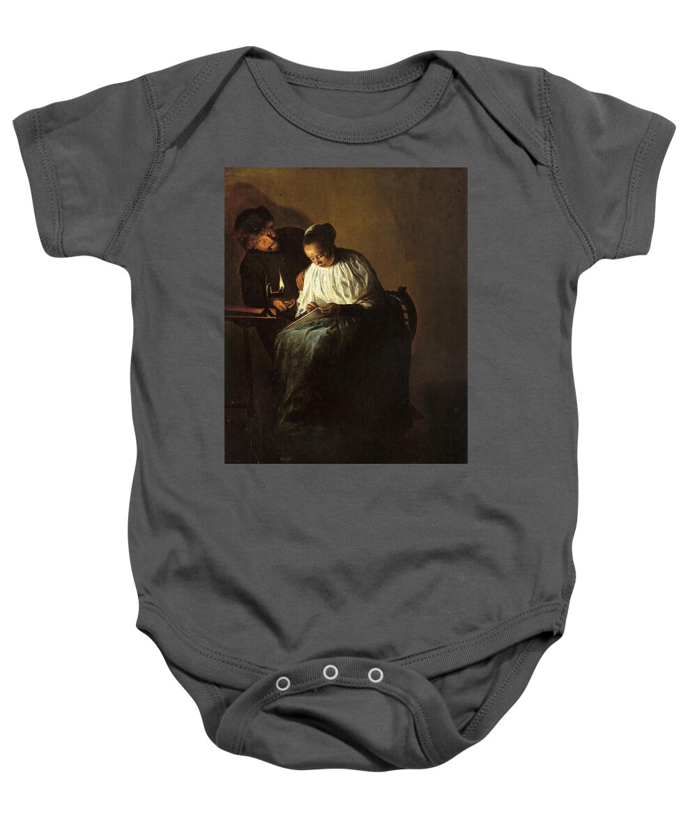 The Proposition Baby Onesie featuring the painting The Proposition #1 by Judith Leyster