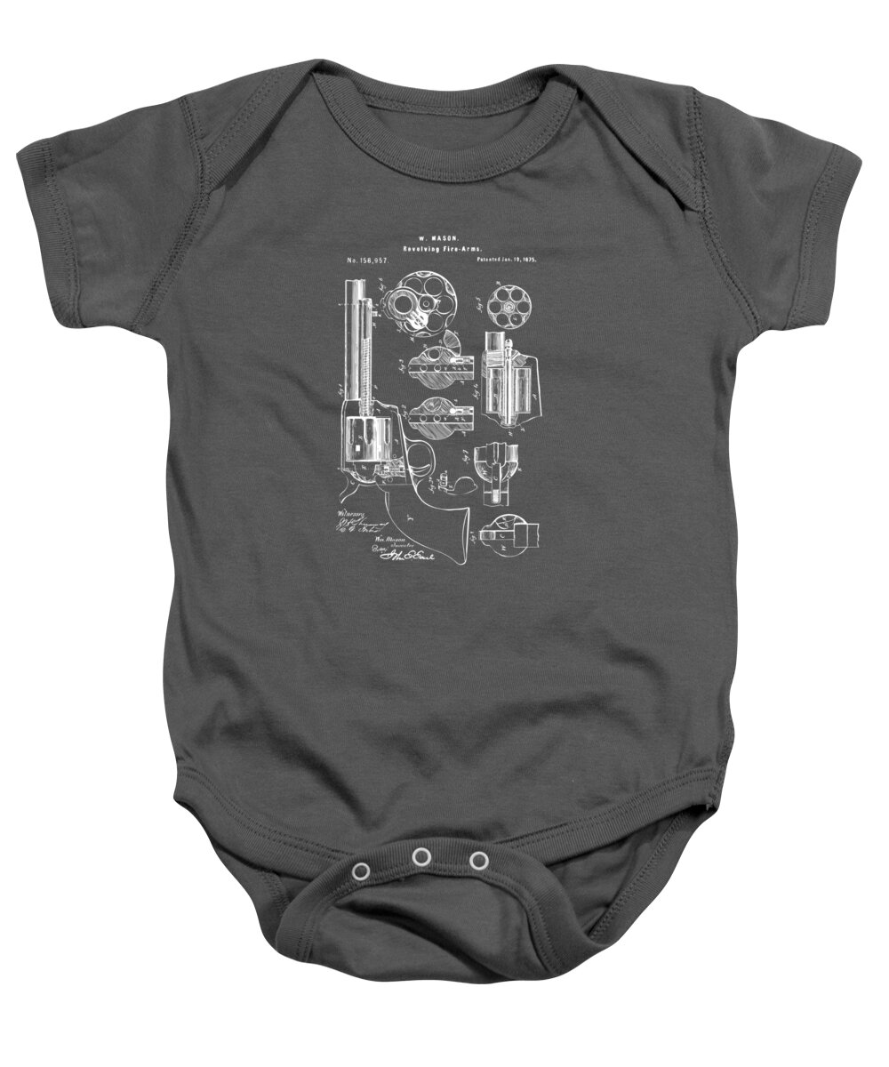Colt Peacemaker Baby Onesie featuring the digital art 1875 Colt Peacemaker Revolver Patent Artwork - Gray by Nikki Marie Smith