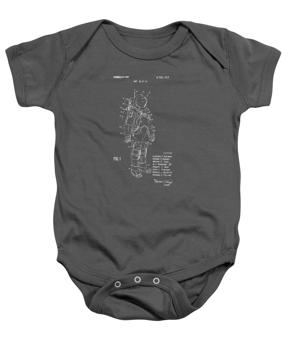 Space Suit Baby Onesie featuring the digital art 1973 Space Suit Patent Inventors Artwork - Gray by Nikki Marie Smith