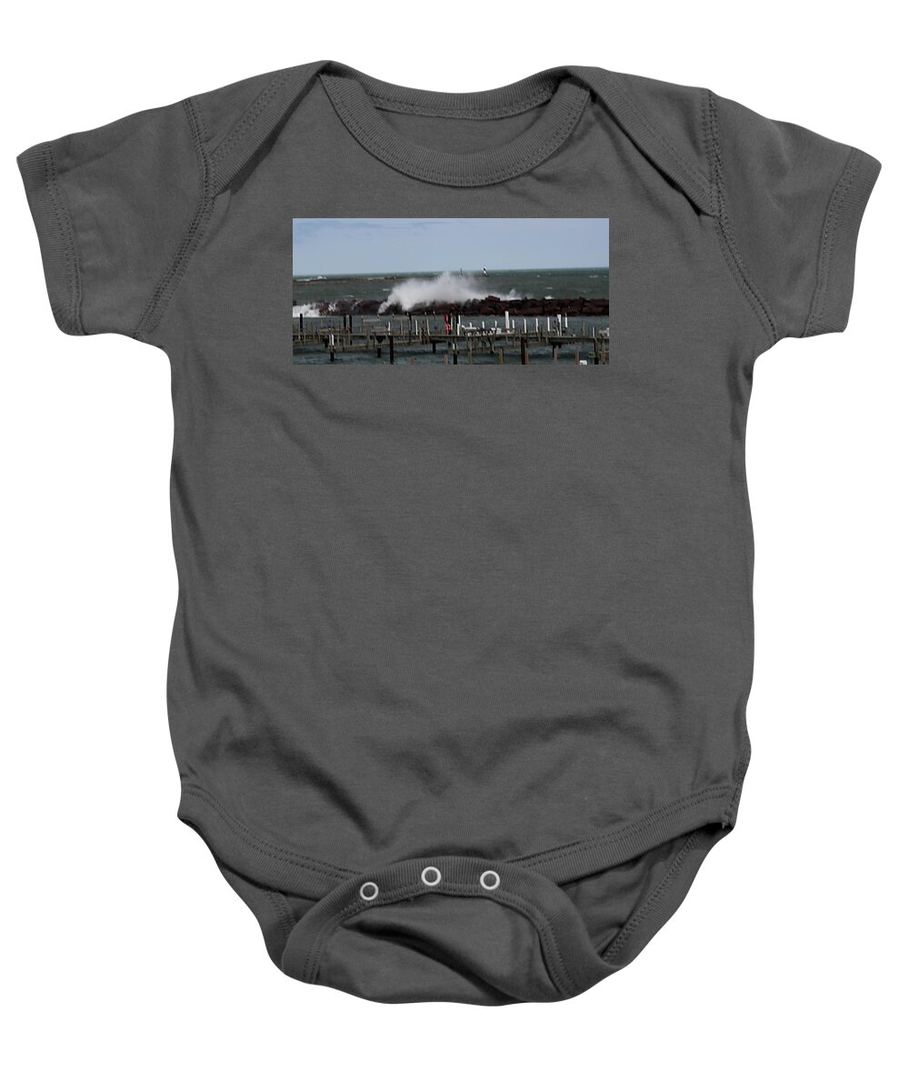 Breakwall Water Waves Storms Baby Onesie featuring the photograph Breakwall #2 by Jean Wolfrum