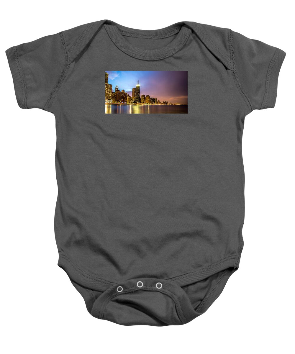 Chicago Baby Onesie featuring the photograph Chicago Skyline at Night #2 by Lev Kaytsner