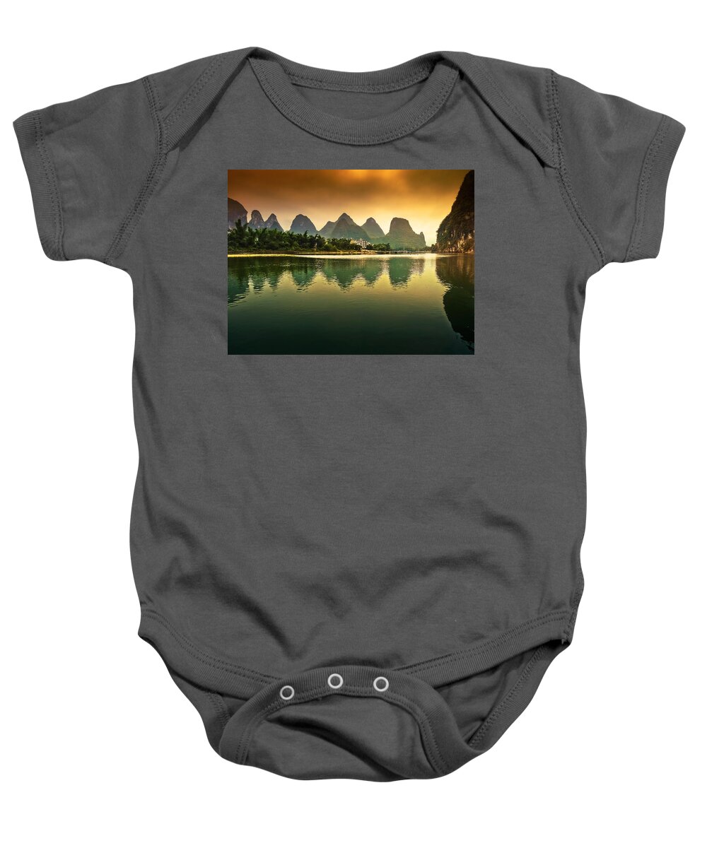 Sunset Baby Onesie featuring the photograph Tranquil evening reflection-China Guilin scenery-Lijiang River in Yangshuo by Artto Pan