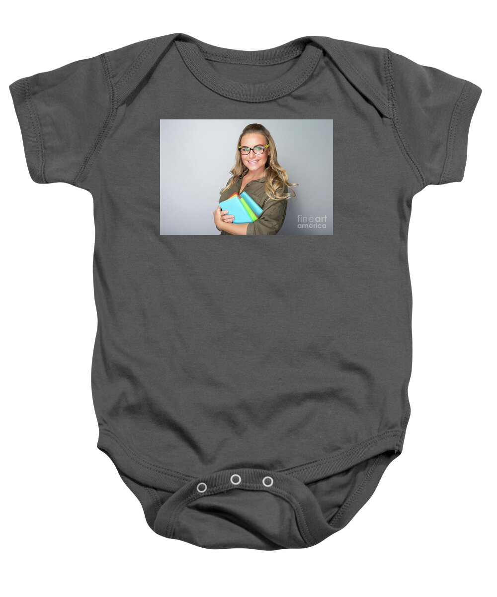 Beautiful Baby Onesie featuring the photograph Cute student girl portrait #2 by Anna Om