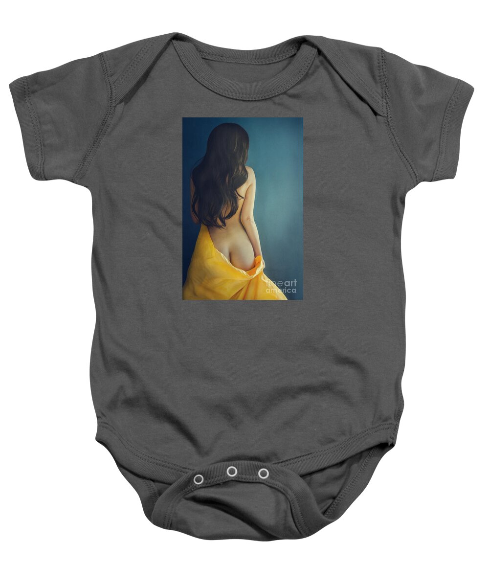 Woman Baby Onesie featuring the photograph Woman with yellow silk on blue background by Jelena Jovanovic