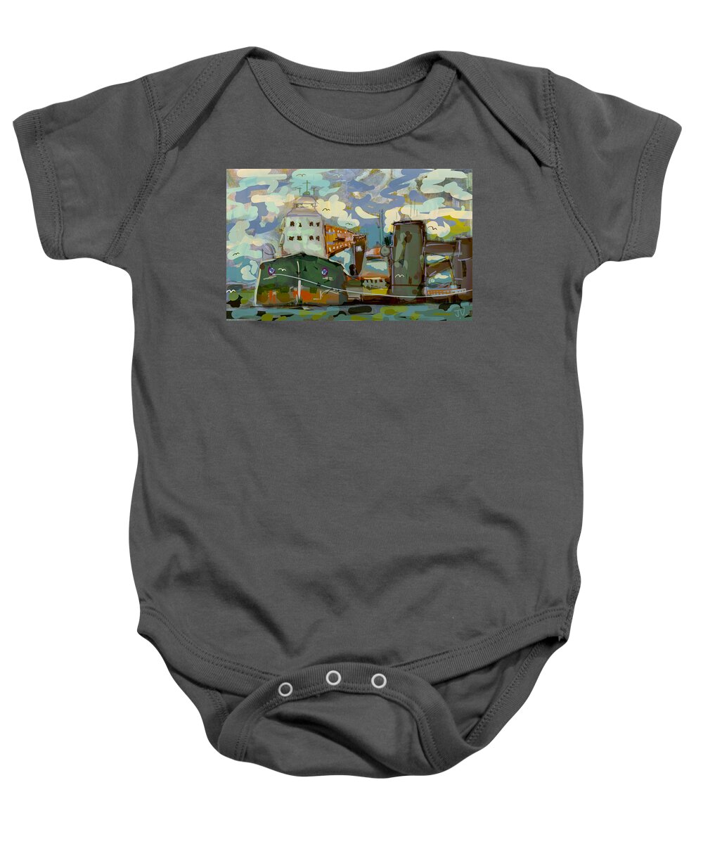 Shipping Baby Onesie featuring the digital art In Port #2 by Jim Vance