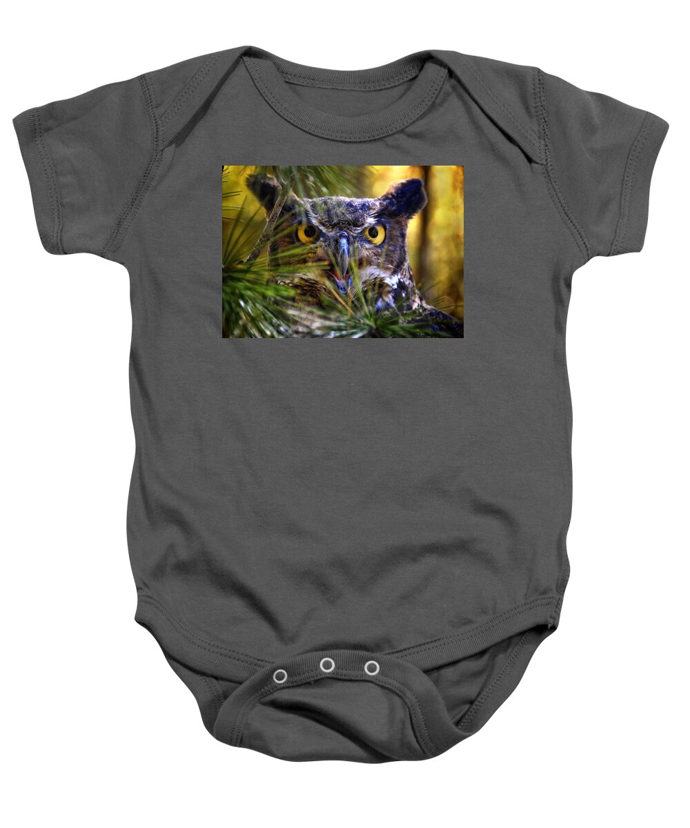 Owl Baby Onesie featuring the photograph Owl in the Pines #2 by Peg Runyan