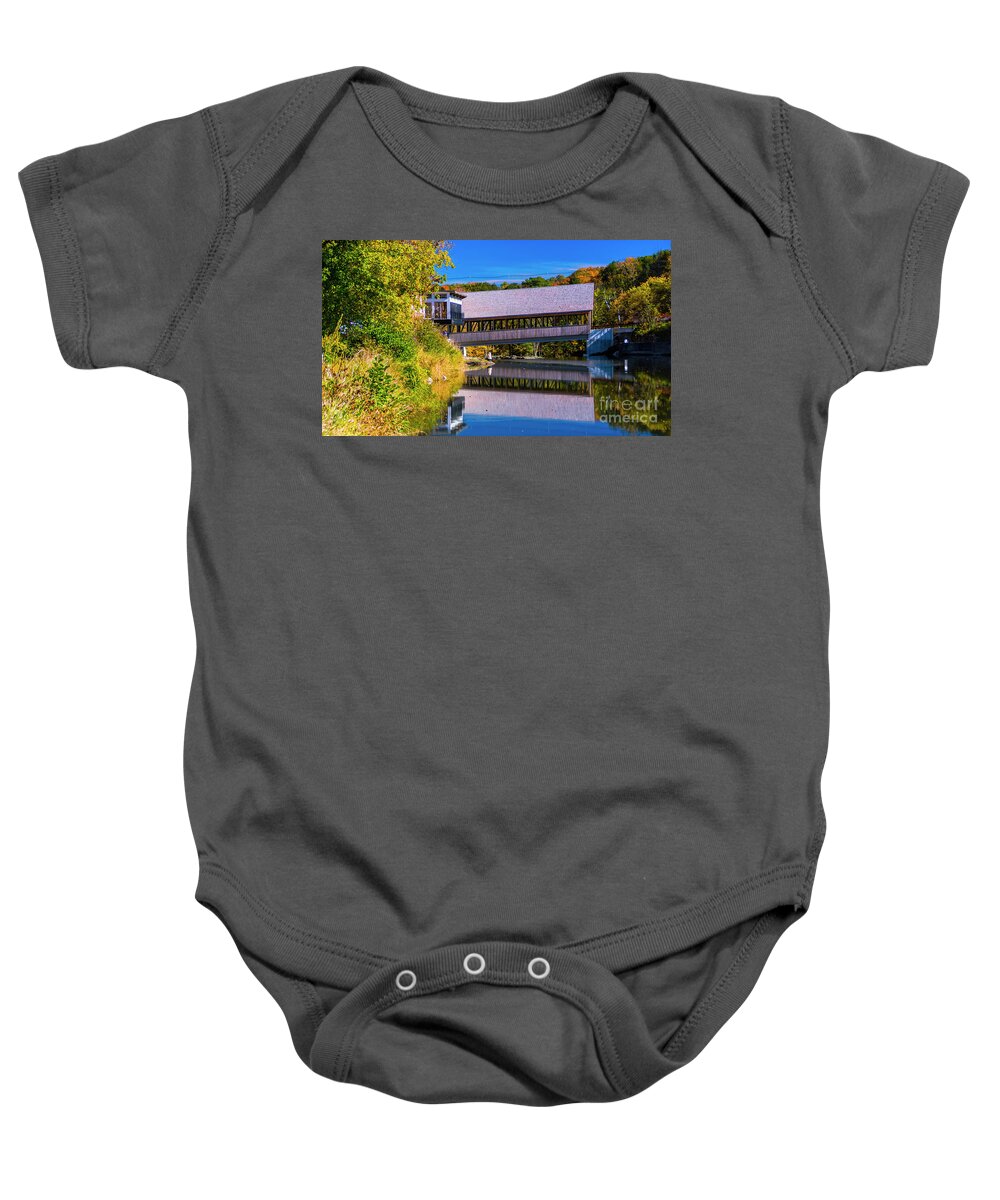 Quechee Covered Bridge Baby Onesie featuring the photograph Autumn at the Quechee Covered Bridge by Scenic Vermont Photography
