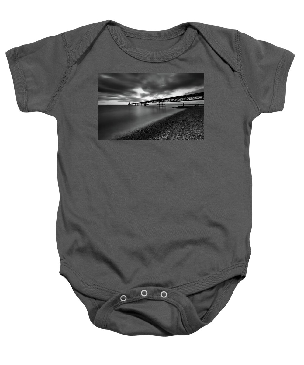 Seascape Baby Onesie featuring the photograph Seascape with jetty during a dramatic cloudy sunset #2 by Michalakis Ppalis
