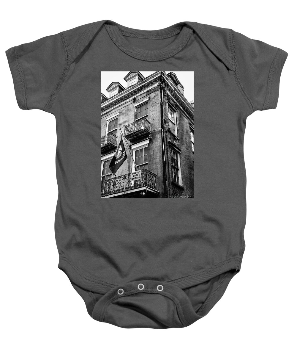 New Orleans Baby Onesie featuring the photograph 2 Story Building New Orleans Black White by Chuck Kuhn