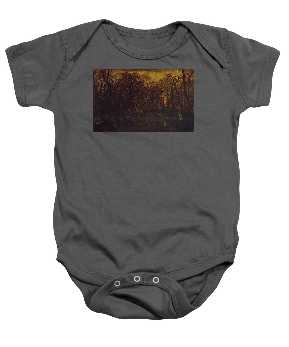 The Forest In Winter At Sunset Baby Onesie featuring the painting The Forest in Winter at Sunset by Theodore Rousseau