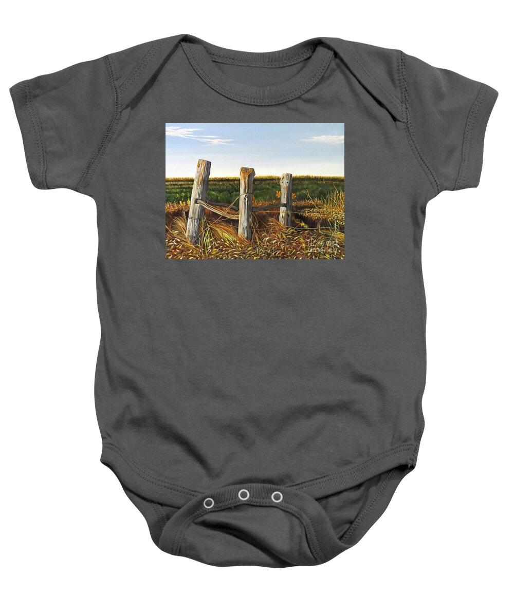 Farm Baby Onesie featuring the painting 3 Old Posts by Marilyn McNish
