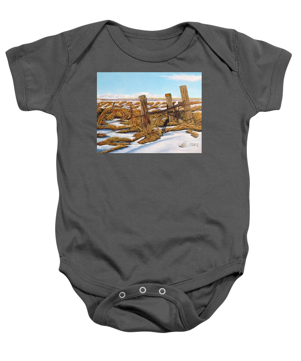 Posts Baby Onesie featuring the painting 3 Olds Posts 3 by Marilyn McNish