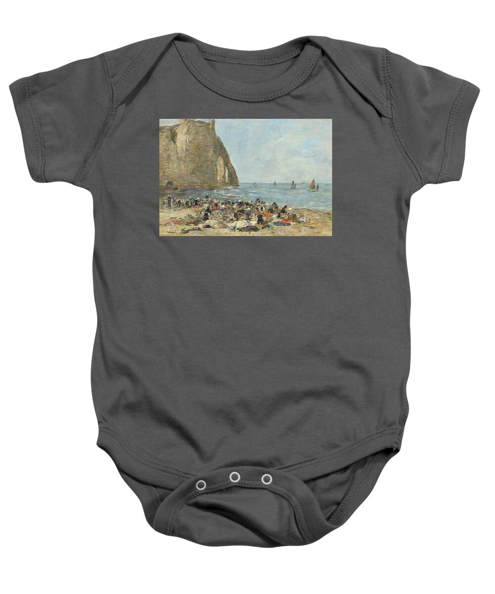Eugne Boudin Baby Onesie featuring the painting Washerwomen on the Beach of Etretat #3 by Eugene Boudin